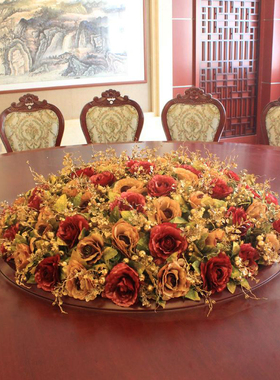 大型酒店餐桌花摆件饭店绢花装饰花插花圆形桌花电动转盘餐桌花艺