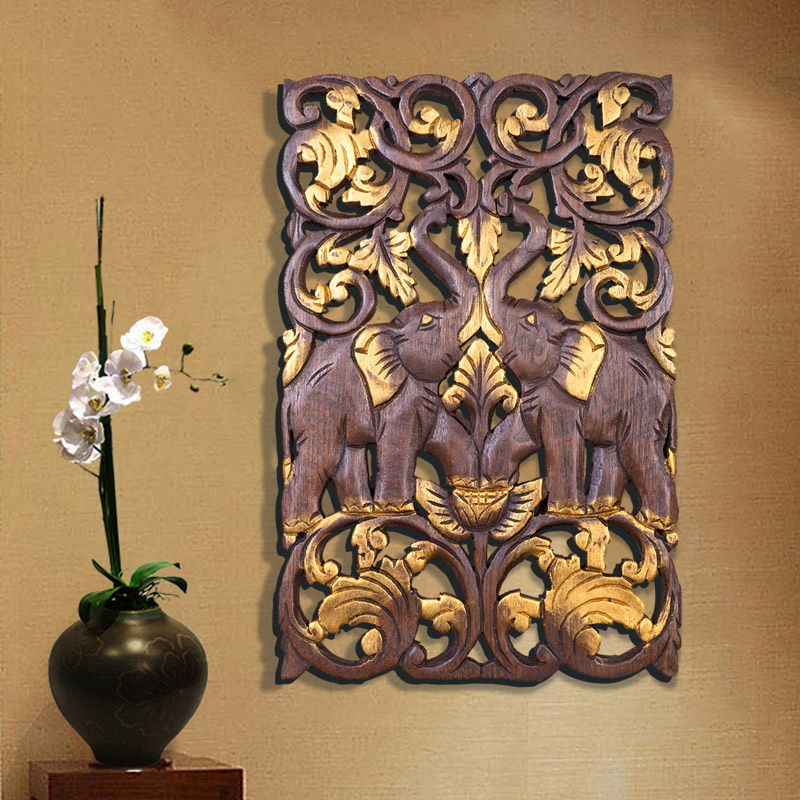 异丽泰国木雕玄关挂件工艺品 东阳实木花格 客厅背景墙大象雕花板