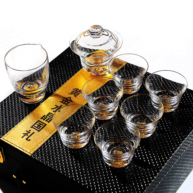 金箔玻璃茶具套装 大号盖碗茶杯藏金功夫耐热高温简约透明泡茶器