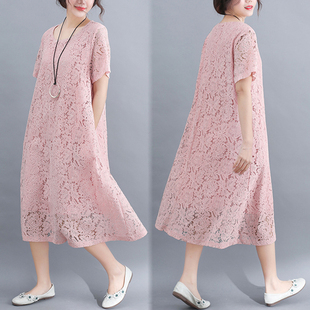 蕾丝连衣裙女胖妹妹气质显瘦长裙子 胖mm遮肚子夏装 胖仙女大码 女装