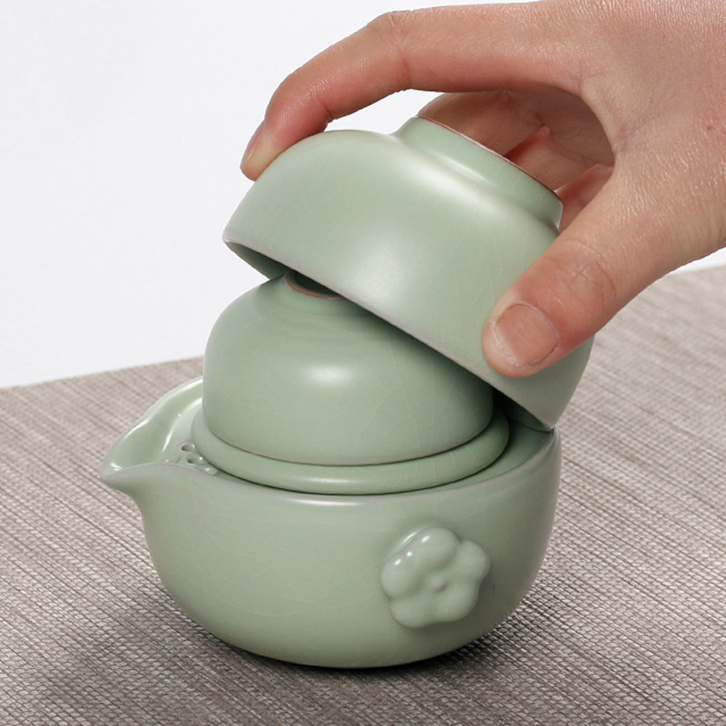 汝窑快客杯一壶二杯家用陶瓷茶壶整套便携式旅行功夫茶具小套装