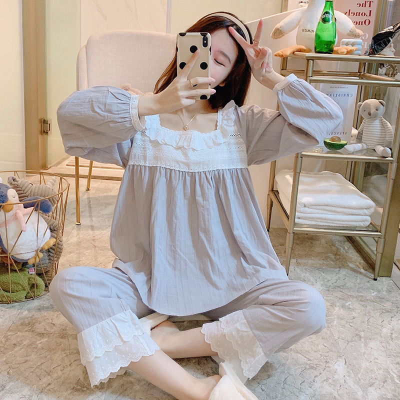甜美睡衣套装女春秋纯棉宫廷可爱全棉方领蕾丝家居服长袖冬季套装