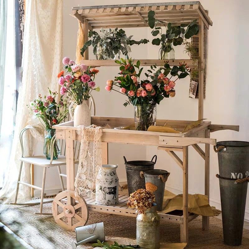 田园风实木花架大推车置物架花店装饰陈列展架多功能橱窗花车摆件