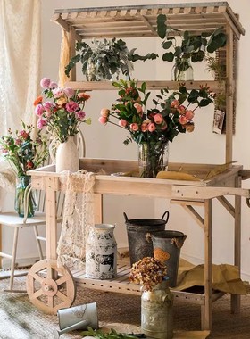 田园风实木花架大推车置物架花店装饰陈列展架多功能橱窗花车摆件