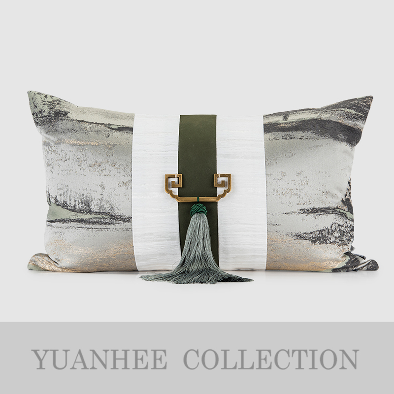 新中式样板房沙发抱枕办公室腰枕软装靠垫抽象绿纯铜回纹靠包腰垫
