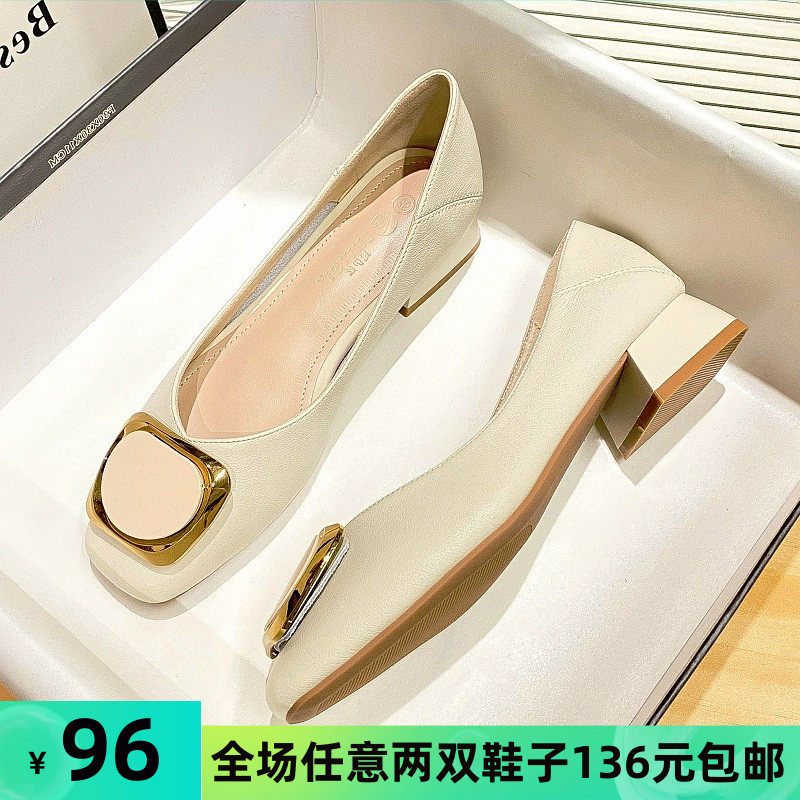 粗跟单鞋女秋真皮2021新款浅口百搭奶奶鞋中跟瓢鞋大码女鞋41一43