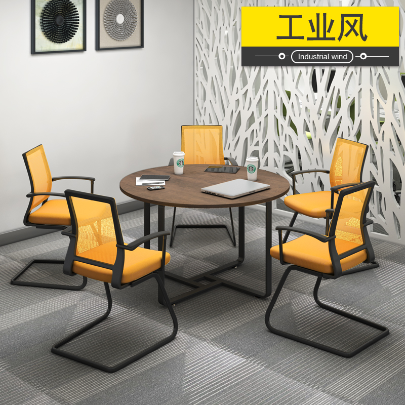 loft圆形工业风洽谈接待桌椅组合会客圆桌钢木会议桌办公室办公台