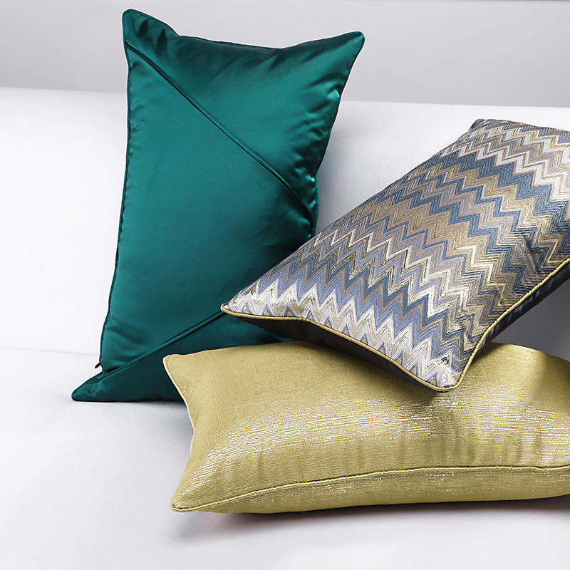 床头抱枕靠枕靠垫简约现代缎面绿色金黄样板房客厅沙发卧室长方形