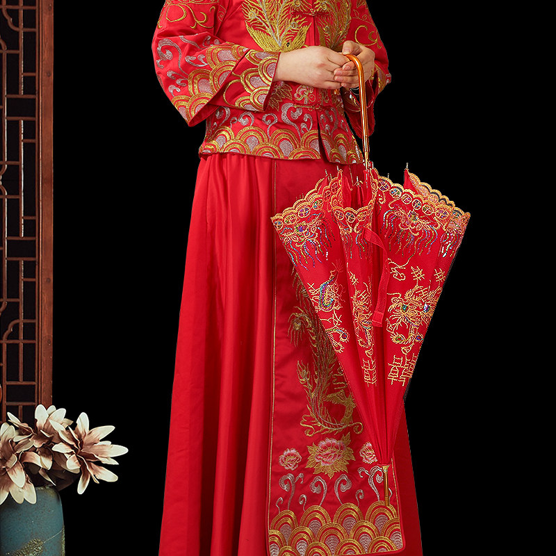 结婚红伞蕾丝花边刺绣中式婚礼长柄雨伞女方陪嫁物品新娘伞婚伞