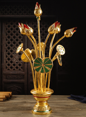 泰国莲花摆件东南亚客厅办公室金荷花装饰木雕工艺品复古玄关摆设