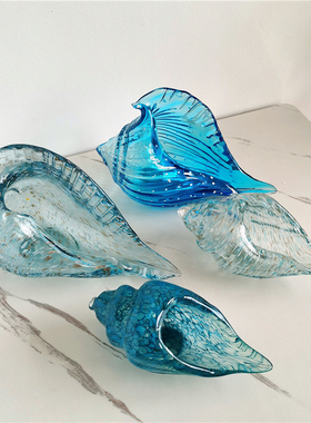 出口国外手工玻璃蓝色大海螺鎏金装饰品摆件家居简约水晶工艺品