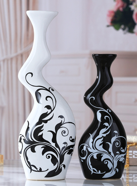 花瓶摆件家居创意装饰品现代简约客厅酒柜卧室玄关牛腿黑白色花瓶