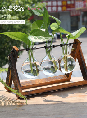 复古风木质铁艺家居咖啡店桌面装饰品玻璃小花瓶水培绿萝容器摆件