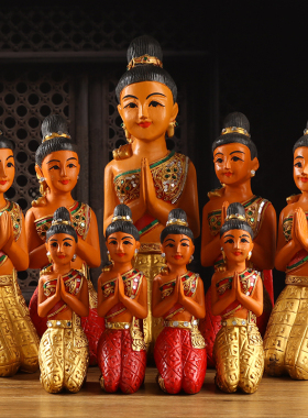 泰国迎宾跪佛摆件木雕人偶侍女门童前台店面桌面摆设东南亚工艺品