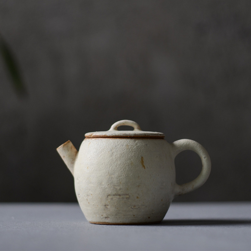 粗陶粉引茶壶瓦当壶开片炮口出水好快复古朴拙白陶壶可爱泡茶壶小