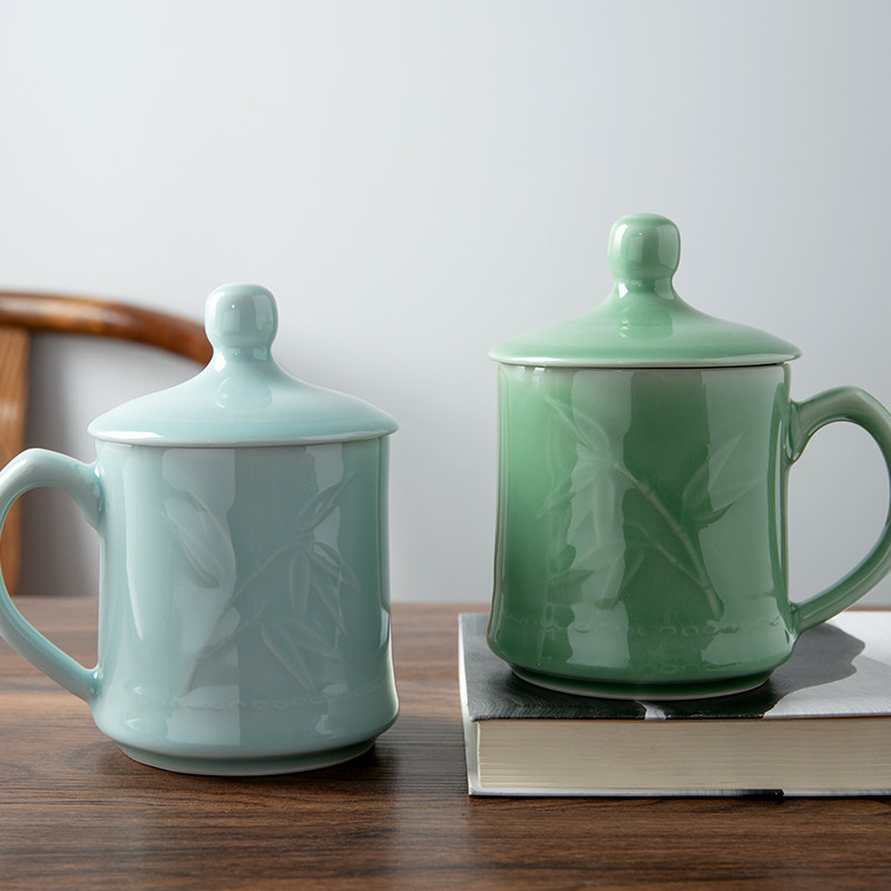 青瓷茶杯创意竹叶纹泡茶杯办公杯子中式带盖家用水杯礼品杯子茶具