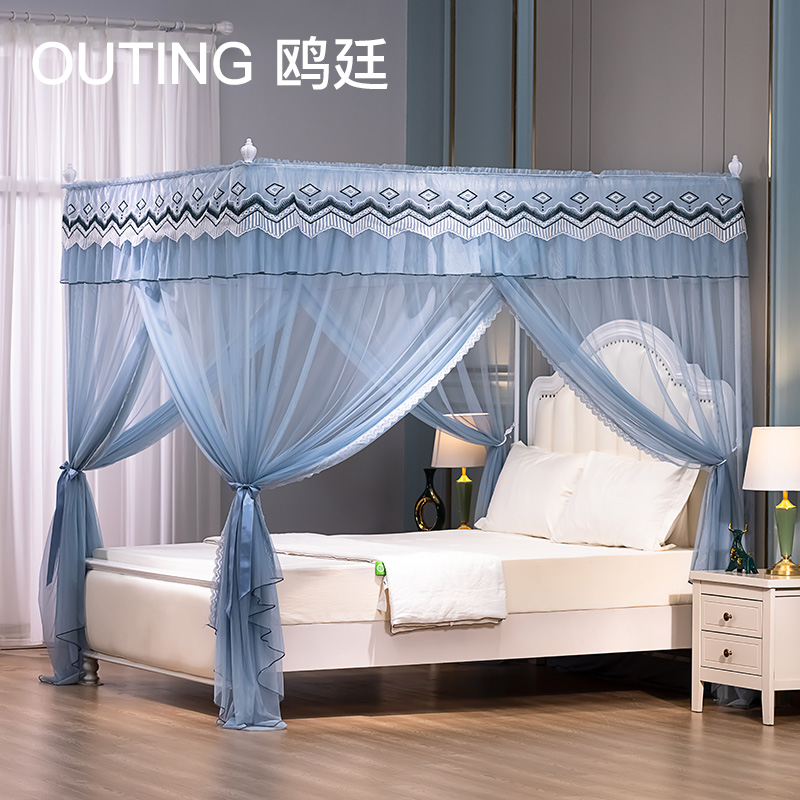 鸥廷新款蚊帐家用落地三开门绣花加强支架加厚网纱公主风1.8m米床