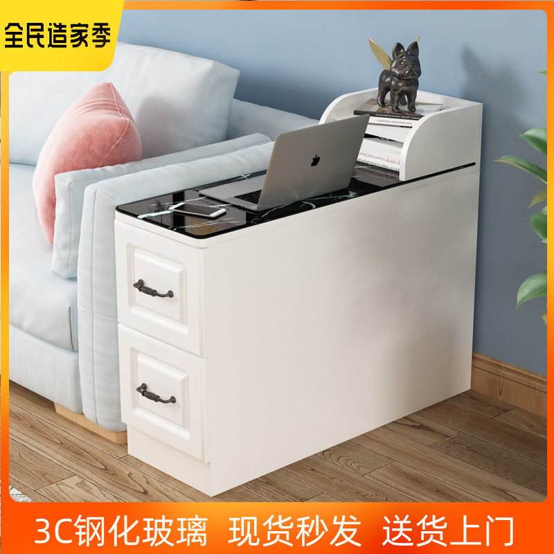 沙发边柜侧边柜带钢化玻璃黑白大理石纹路边几柜可移动沙发边柜