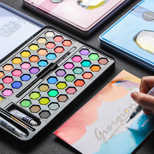 乔尔乔内固体水彩颜料套装画笔粉饼初学者36色便携带铁盒48色小学