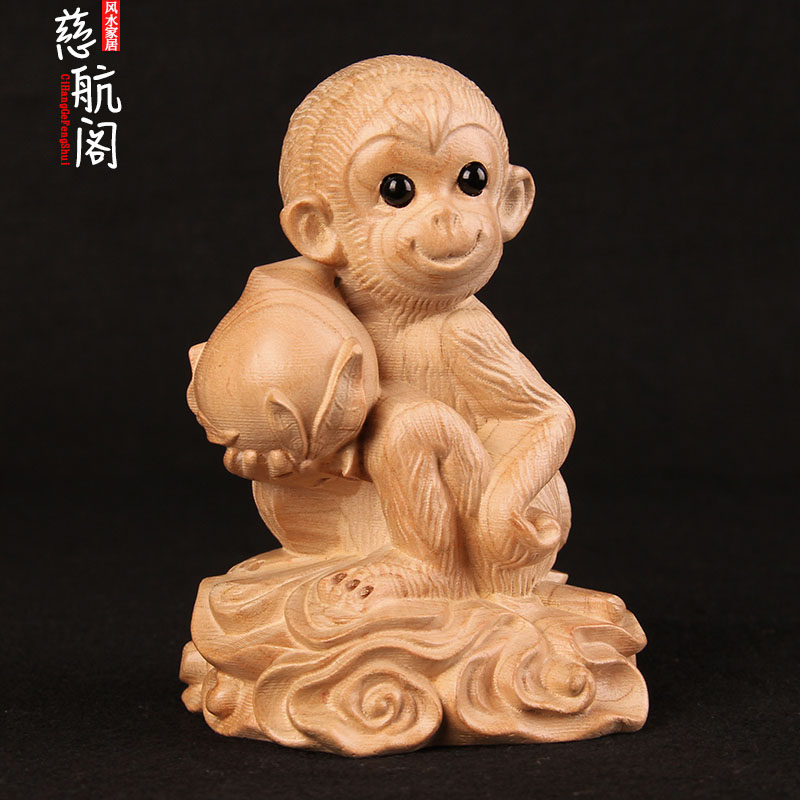 桃木猴摆件寿桃猴木雕猴十二生肖猴原色木质小猴子工艺品