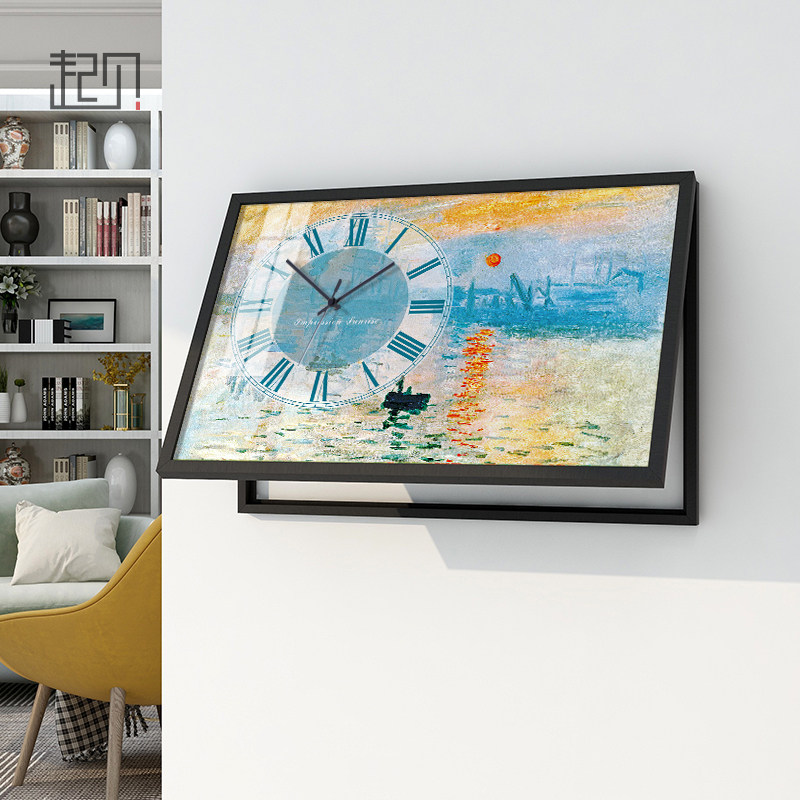 起贝莫奈日出印象挂画电表箱装饰画带钟表配电箱遮挡箱挂钟墙壁画