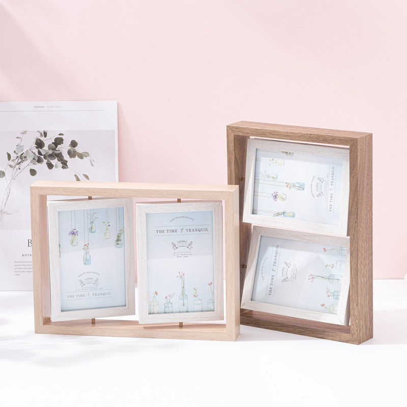 创意连体旋转六寸双面相框欧式儿童摆台双框四面木质画框相框