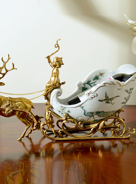 欧式雪橇鹿车酒架果盘餐厅餐桌摆件陶瓷镶铜摆件装饰品工艺品摆设