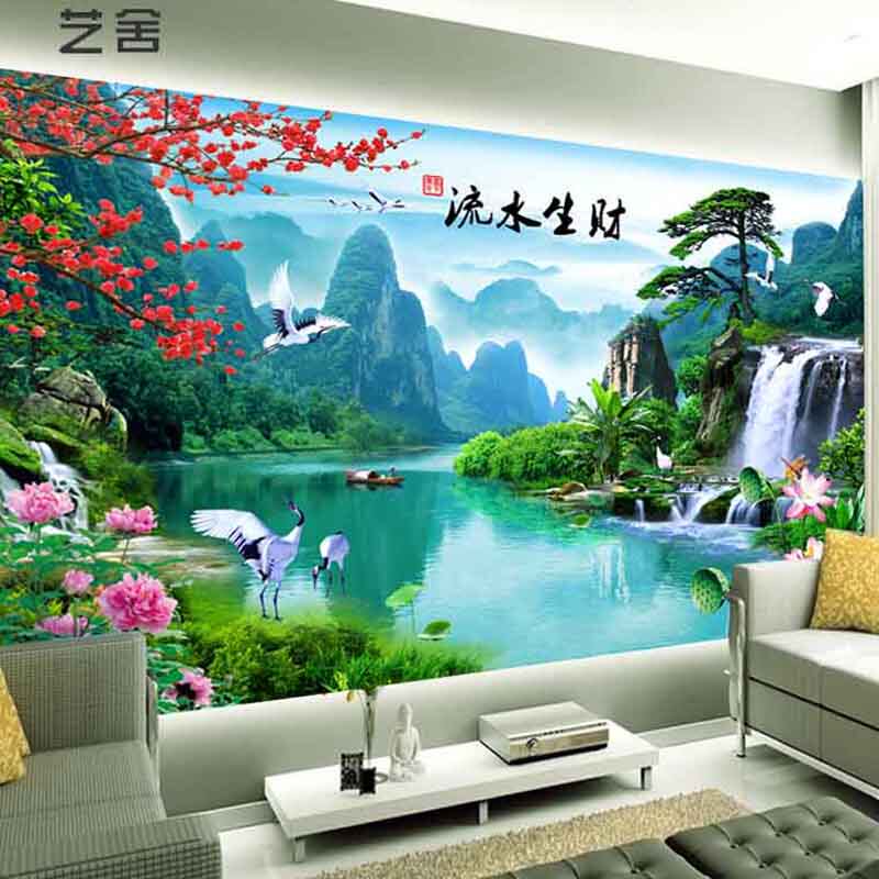 3d电视背景墙壁纸中式山水画沙发墙壁画中堂画迎客松客厅墙布