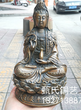 柳叶观音坐像精工铜器纯黄铜仿古做旧家居店铺摆件摆设佳节送礼品