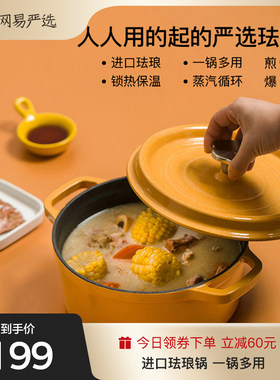 网易严选珐琅锅家用炖锅经典铸铁锅煲汤锅加厚22cm单双人多功能煲