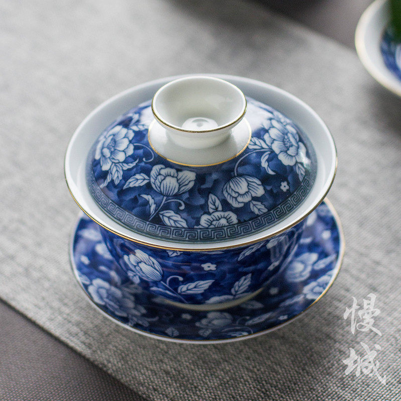 青花瓷盖碗 大号功夫敬茶碗陶瓷茶具 小号手工复古三才盖碗