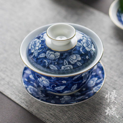 青花瓷盖碗 大号功夫敬茶碗陶瓷茶具 小号手工复古三才盖碗
