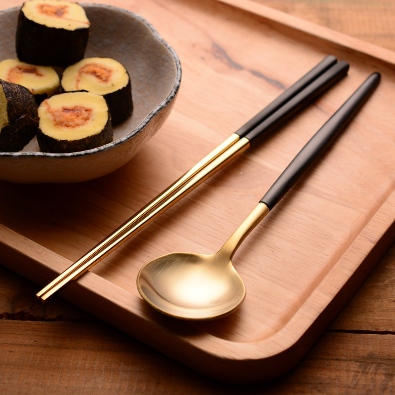加点乐 304不锈钢筷子镀黑金筷子勺子套装韩式方形防滑不锈钢筷子