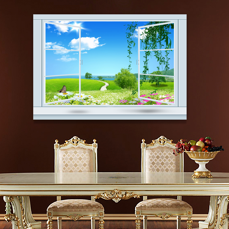 客厅装饰画卧室床头挂画海景假窗户风景单幅无框画玄关餐厅壁画