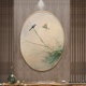 手绘椭圆形竹子喜鹊油画玄关装 饰画餐厅过道茶室卧室花鸟圆形挂画