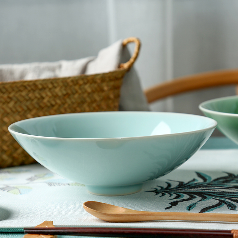 青瓷碗简约陶瓷餐具大号8寸拉面碗 创意仿古斗笠碗瓜果盘家用菜盘