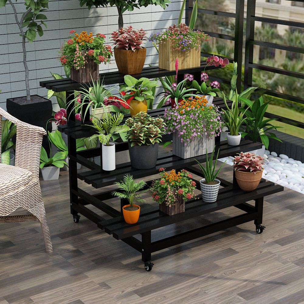 室外阳台防水防腐防锈可移动带轮花架梯形多肉架铁艺落地式盆栽架