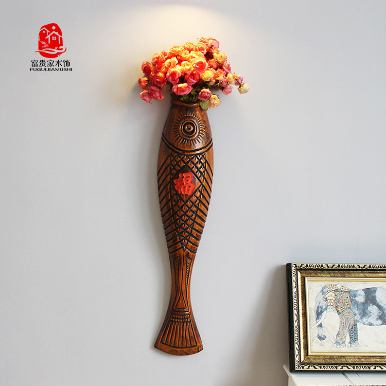 创意墙壁插花壁挂式花瓶木质大码墙上装饰品立体鱼仿真花干花挂件,家居饰品,壁饰,淘宝优惠券,粉丝福利购,淘宝优惠卷
