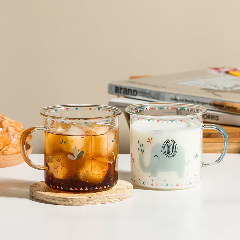 西比尔森系带刻度玻璃杯耐热儿童杯可爱家用带杯把牛奶杯早餐杯子