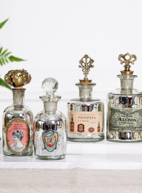 印度进口欧式怀旧手工银色玻璃黄铜盖复古香水瓶 玻璃瓶创意摆件