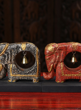 泰国进口工艺品东南亚实木手工雕刻铜铃大象创意家居装饰玄关摆件