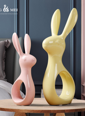 客厅摆件陶瓷糖果色兔子创意卧室装饰玄关家居桌面办公室小摆件设