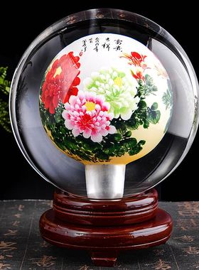 内画水晶球摆件牡丹花八骏图迎客松富贵鱼花开富贵五牛图中式家居