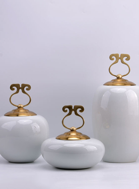新中式白色陶瓷储物罐轻奢摆件软装装饰样板房玄关客厅博古架摆设