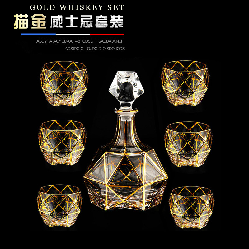 波西米亚水晶玻璃描金威士忌杯创意洋酒杯烈酒杯酒壶白兰地杯套装