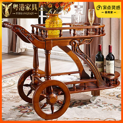 粤港家具欧式餐车全实木推车家用餐厅豪华手推车双层移动酒店推出