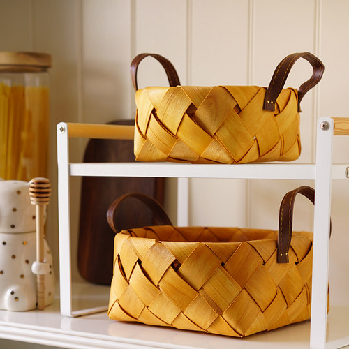 复古手工木编织皮双耳收纳篮 面包框水果篮日式杂物篮摆拍样板间