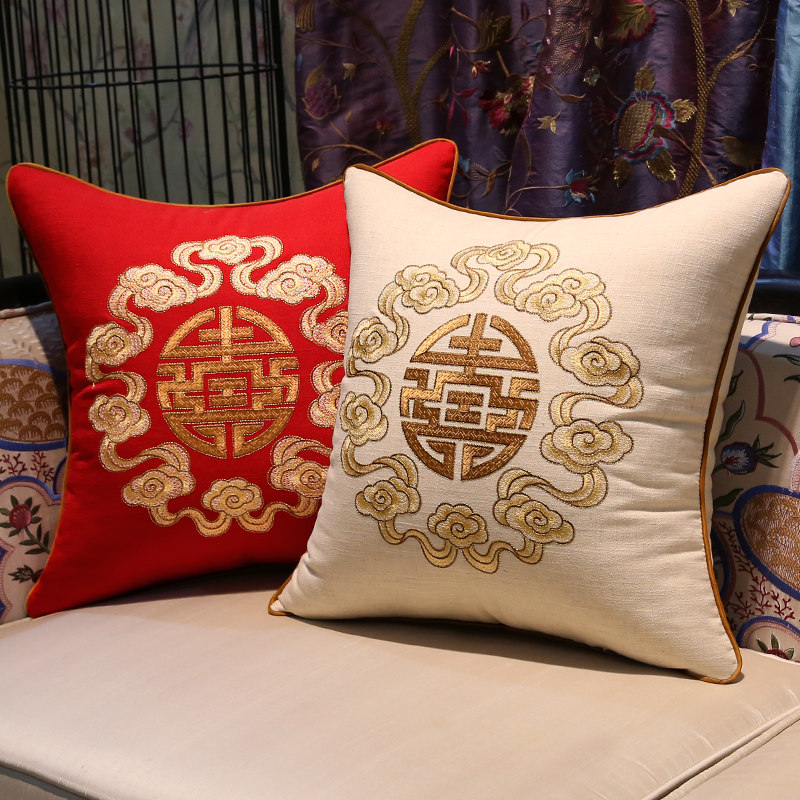 中式棉麻亚麻刺绣抱枕沙发靠垫红木靠枕圈椅腰枕床头绣花靠背垫大,居家布艺,靠垫/抱枕,淘宝优惠券,粉丝福利购,淘宝优惠卷