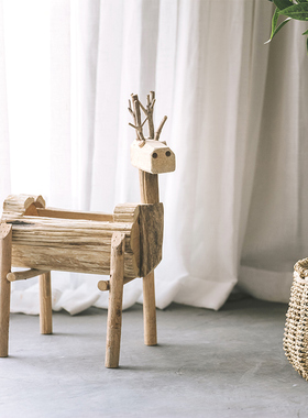 小鹿摆件装饰家居饰品复古桌面创意摆设实木木质民宿动物工艺品