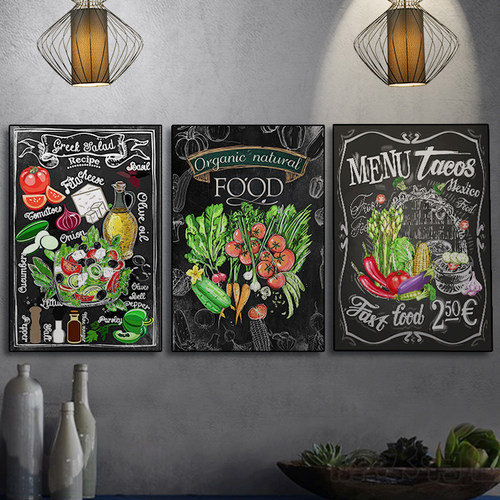 西餐厅装饰黑板画饭店挂画怀旧汉堡画复古咖啡厅工业风蔬菜水果画